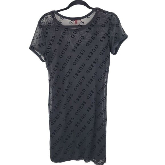 Y2K Guess Black Sheer Mesh Velvet Logo Spell Out Mini Slip Dress Womens Sz M - Picture 11 of 14